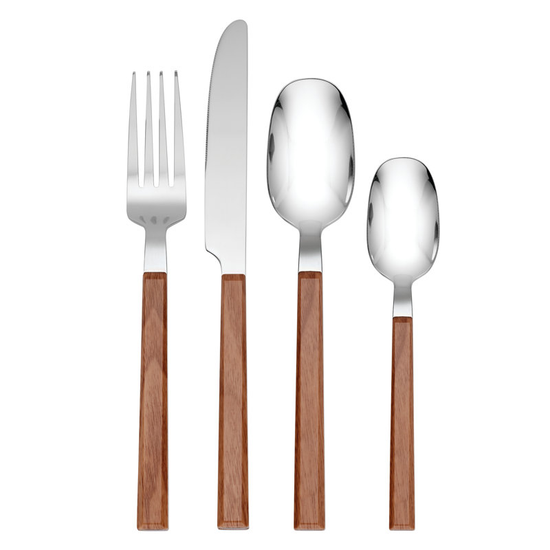 Henley Medium Wood and Stainless Steel 16-Piece Flatware Set