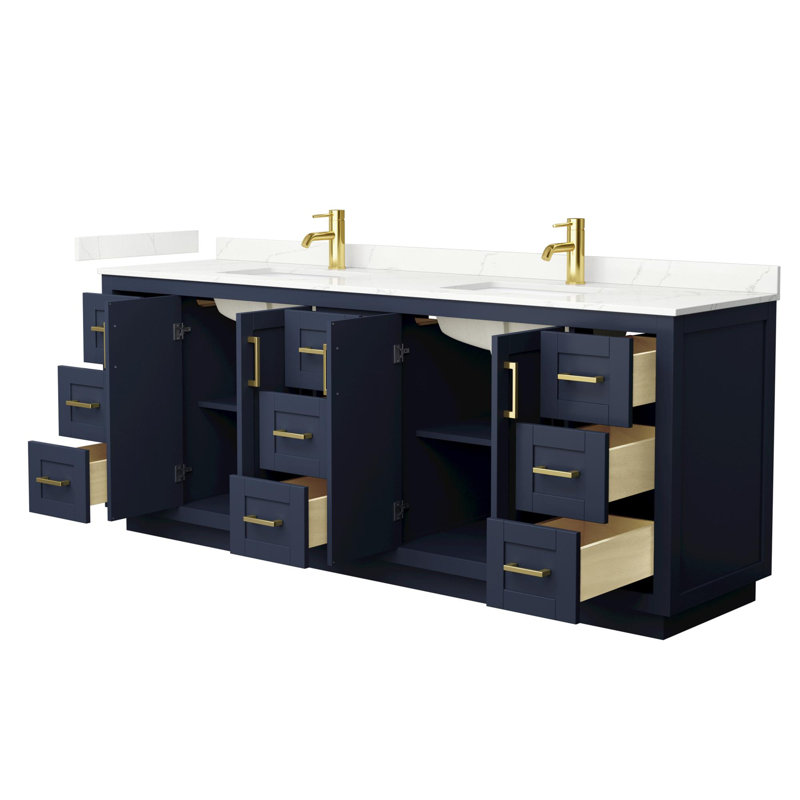 Miranda 84" Freestanding Double Bathroom Vanity with Quartz Top, Dark Blue, Giotto Quartz, Brushed Gold