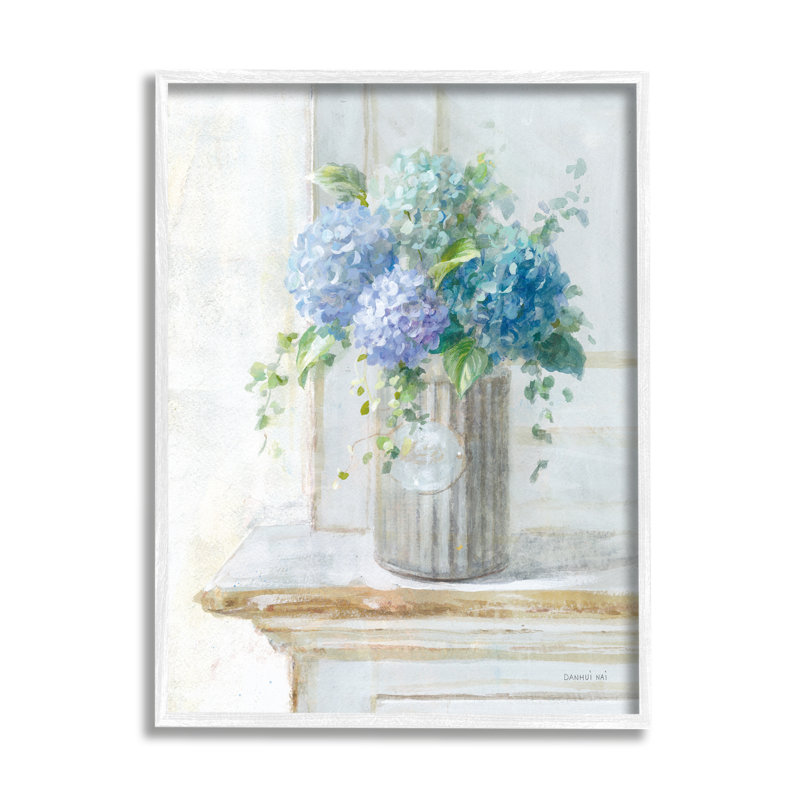 «Blue Hydrangea Bouquet Country Milk Tin», peinture florale par Danhui Nai - Peinture, H 20 po x l 16 po