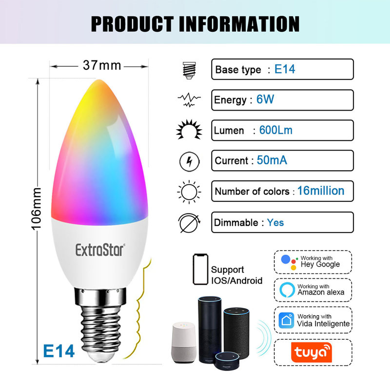 2-Pack 6W E14 RGB Wi-Fi Smart Bulbs with 16M Colors & Voice Control