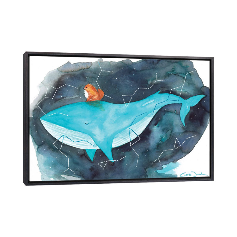 Baleine Pomi - imprimé, H 18 po x l 26 po x P 1,5 po, Toile avec cadre noir patiné, Pas de tapis