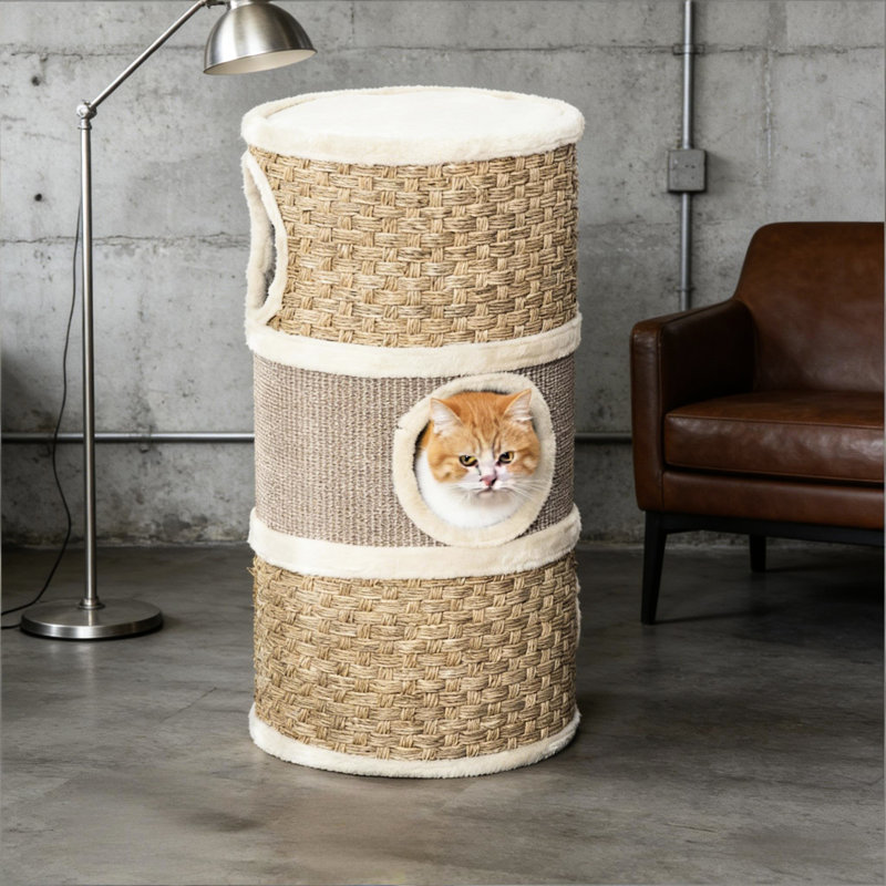 Cachette pour chat avec trois aires de repos, algues et patins à gratter, intérieur, base en panneau de particules, tour intérieure de 14,75 po de diamètre avec trou central ouvert, doux, panneau de particules pour animaux, porte de 6 po, 9 lb