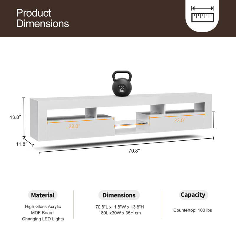 Ivy Bronx Led Floating Tv Stand For 85 Inch Tv, White High Glossy Wall Mounted Haning Tv Stand With 2 Cabinets And Glass Shelve, Modern Floating Entertainment Center Console Shelf For Living Room, Bedroom