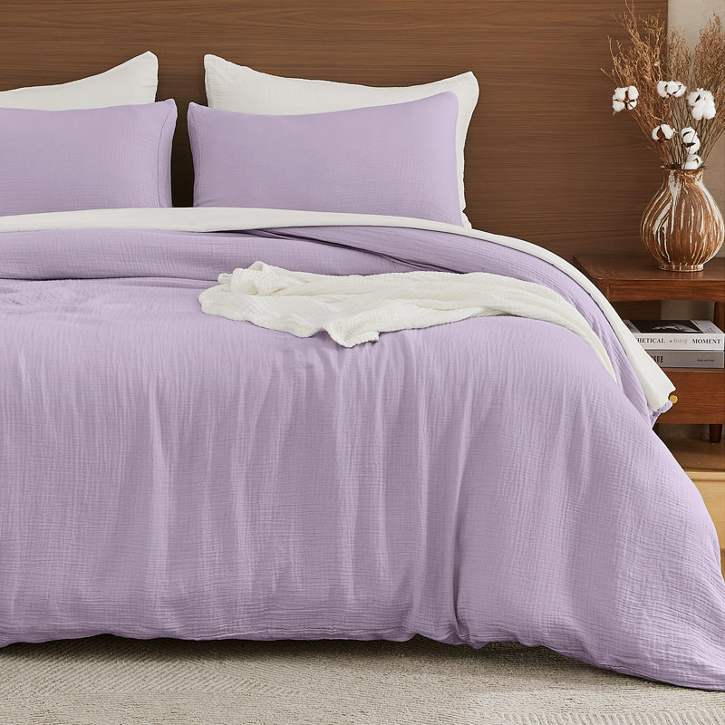 EMME Muslin Cotton Duvet Cover Set Size Soft Breathable Lightweight, Twin Duvet Cover + 1 Standard Sham, Purple