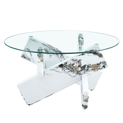 " round glass coffee table: modern design, tempered glass top, white patterned mdf legs, for living & dining rooms (118 characters)