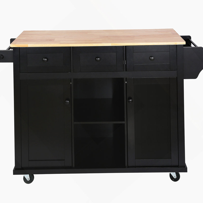 Kitchen Cart With Rubber Wood Drop-Leaf Countertop, Cabinet Door Internal Storage Racks, Black