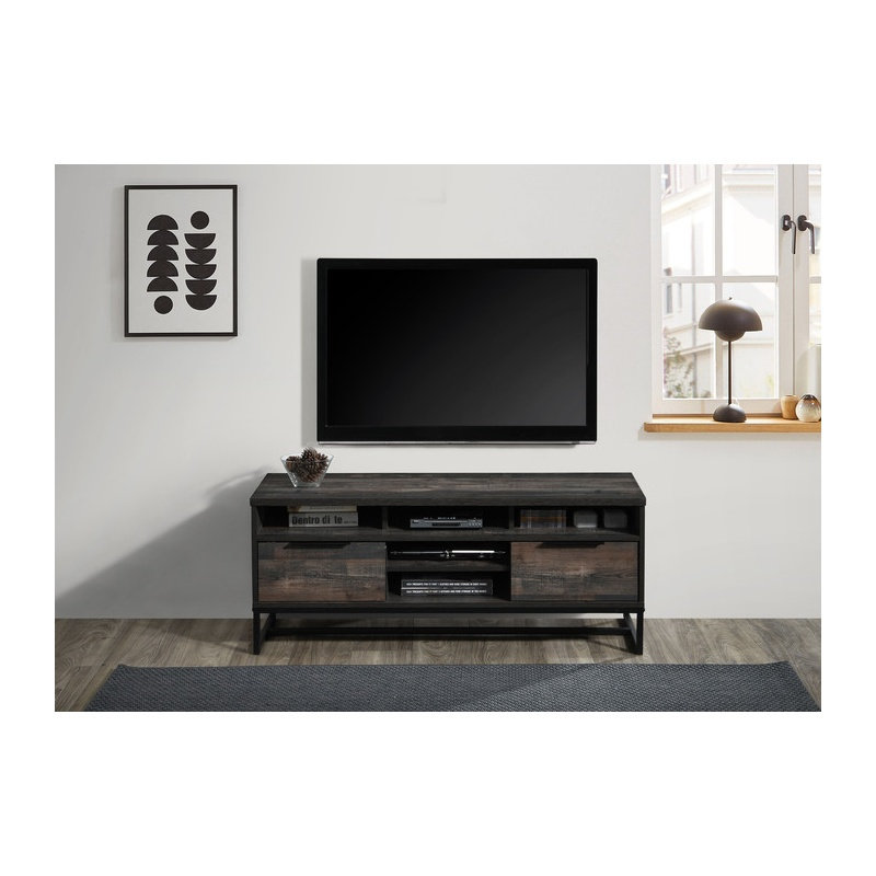 Meuble télé 47 po en bois gris rustique avec 5 tablettes et 2 tiroirs, console multimédia pour téléviseur de 55 po ou moins