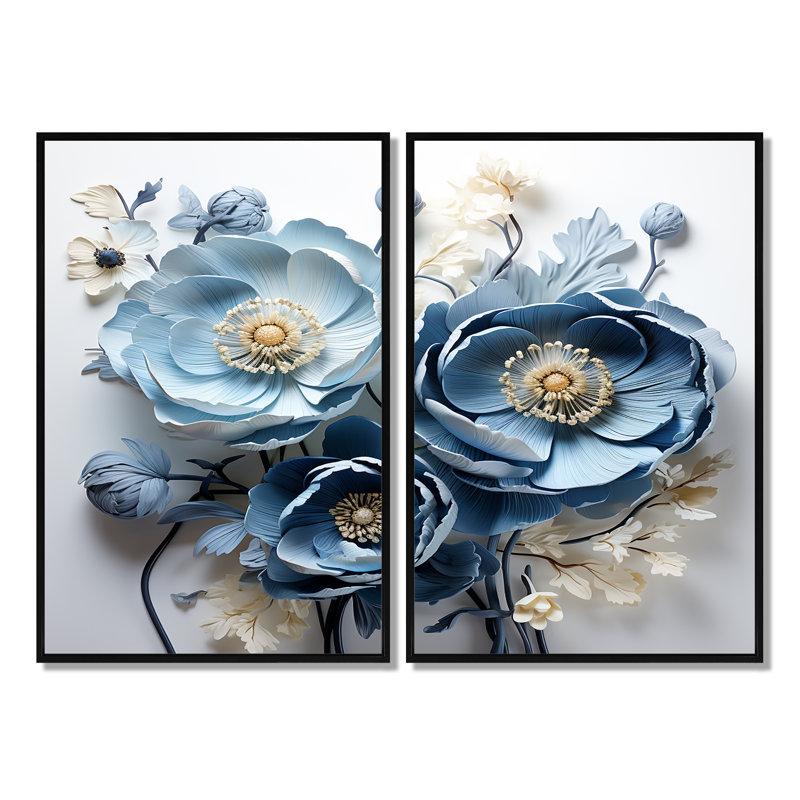 Ranunculus Bouquet VI - impressions sur toile bleues, H 36 po x l 48 po, Reproduction encadrée sans passe-partout, Noir