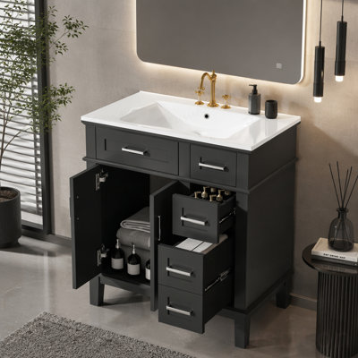 Meuble-lavabo de 30 po avec lavabo en céramique, armoire de rangement moderne avec portes à fermeture douce, tiroir profond et tiroir standard, meuble-lavabo élégant