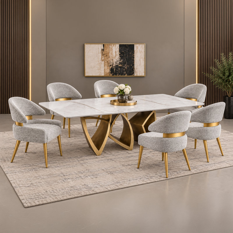 Ensemble de salle à manger Lamont 7 pièces avec table en faux marbre et 6 chaises rembourrées