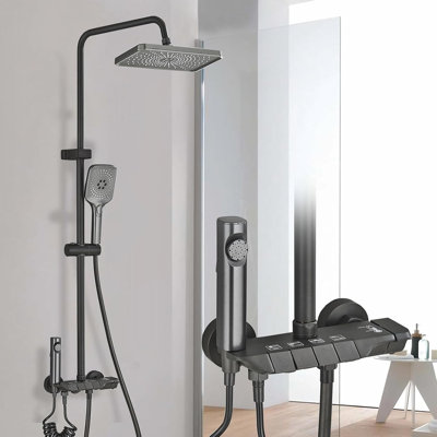 Mosson Gunmetal Gray Piano Key Shower System, Rectangular Rain Shower Head with Handheld Shower and Spray Gun, 4-Function Wall Mounted Exposed Shower Set