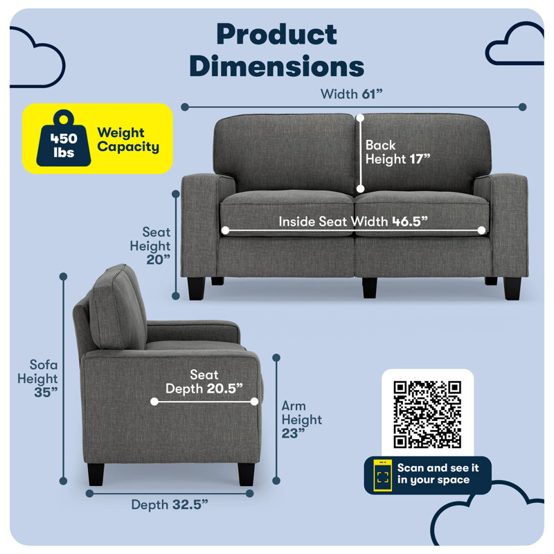 Serta Palisades 61" Track Arm Sofa, Easy Care Fabric, Soft Pillow Back, Pocket Coil Seat Cushions, Gray 100% Polyester