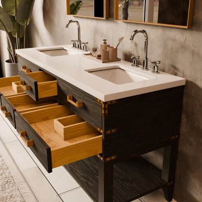 Meuble-lavabo double en chêne noir 60 po X P 22 po D, avec plateau en marbre de Carrare