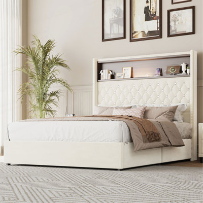 Cadre de lit doux en velours capitonné avec port USB et veilleuse, tête de lit haute 52 po avec rivets, lit plateforme à oreilles avec tablette de tête de lit, beige