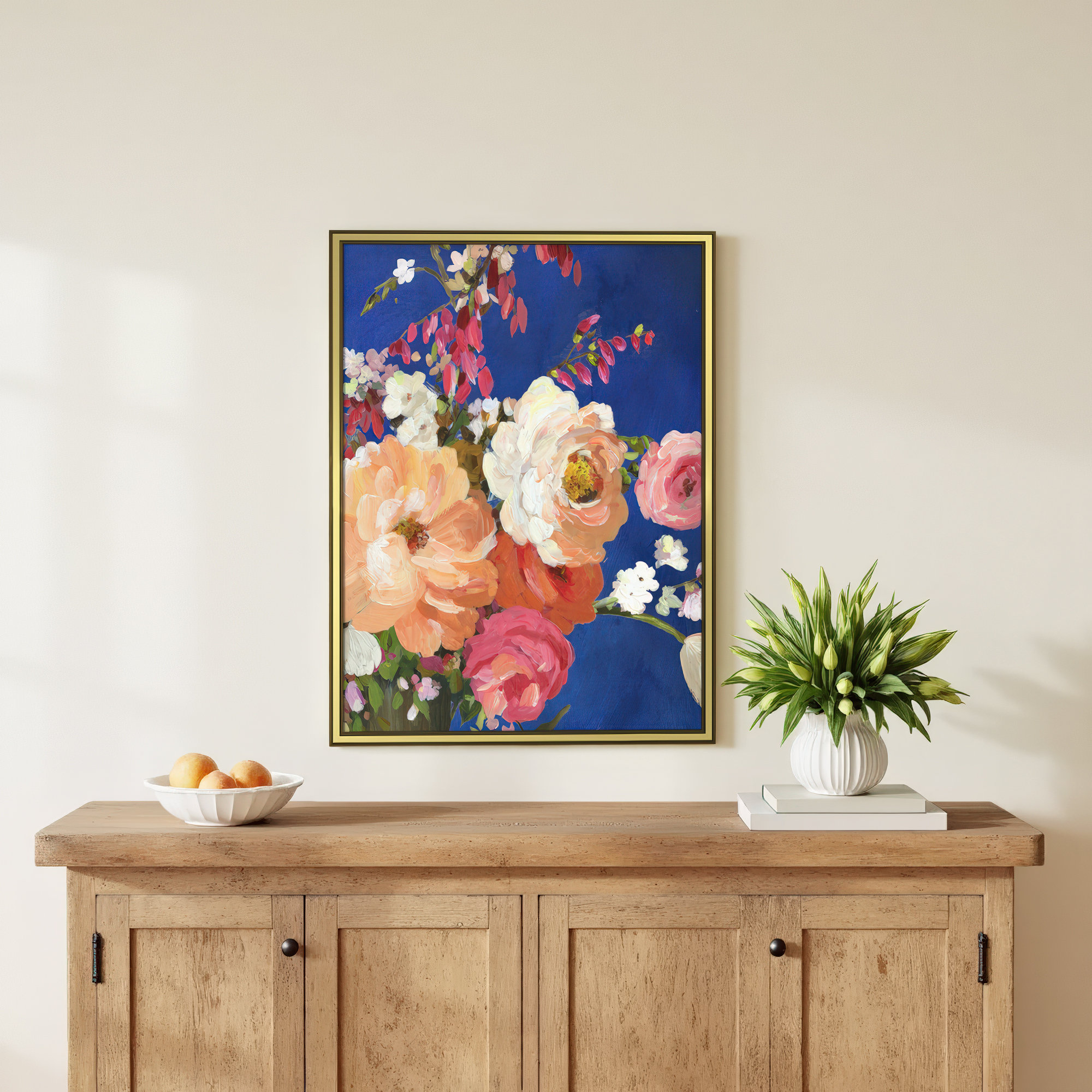 Midnight Garden Flowers I - Picture Frame Painting, 24.25" H x 18.25" W x 0.75" D, Gold Framed