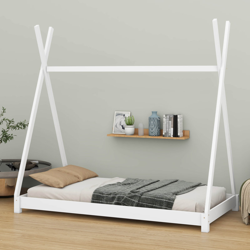 Lit plateforme à baldaquin simple en bois massif avec structure triangulaire, Blanc