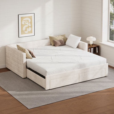 Structure de lit de jour rembourré extensible avec canapé-lit en tissu chenille, gigogne et peu encombrant avec tiroirs de rangement pour le salon
