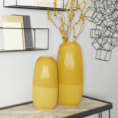 2 Piece Yellow Stoneware Table Vase Set