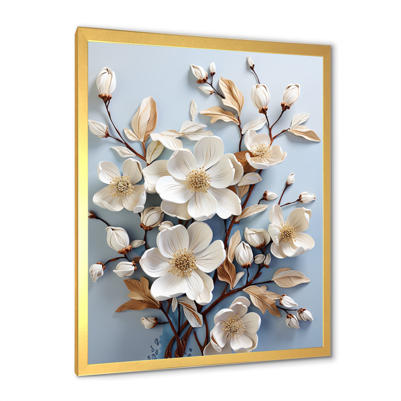 Cornouiller blanc qui fleurit tranquillité III - impression, Cadre doré simple, H 44 po x l 34 po x P 1,5 po