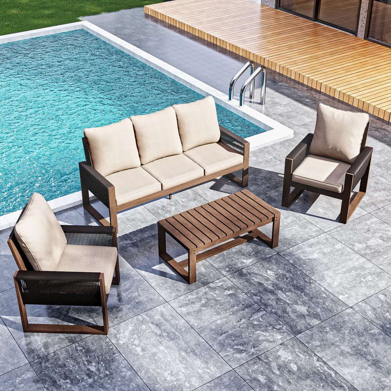 Ensemble de conversation pour 5 personnes avec table basse, 2 fauteuils et coussins beiges, Beige