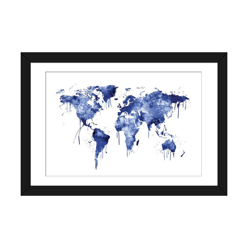 «Watercolor Map Of The World Map, Blue» par Michael Tompsett, impression sur toile, H 24 po x l 32 po x P 1 po, Blanc
