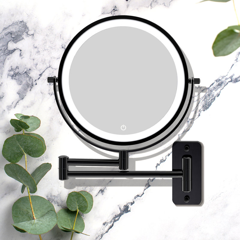 Metal Wall Mounted 8" Led Makeup Mirror With Magnification, 3 Color Led Lights Makeup Mirror, Matte Black, 7x