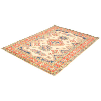 Tapis unique ivoire en laine noué à la main de style Aude d'Uzbek Gazni des années 2010 de 6 pi 8 po x 9 pi 7 po Arafah