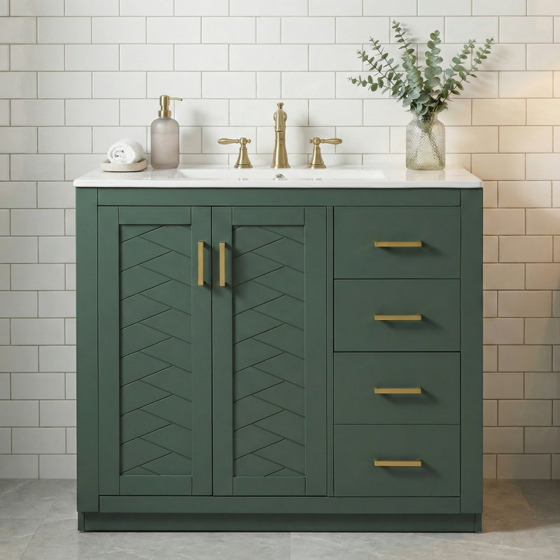 36" Bathroom Vanity With Integrated Sink, 2 Door Cabinet & 3 Storage Drawers, Soft-Close Hardware, Painted Finish, Green