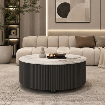 Table basse ronde moderne mobile avec roulettes, 2 tiroirs