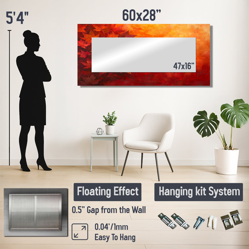 Automne feuilles d'érable - grand miroir mural à feuilles - imprimé sur métal, 28 po x 60 po
