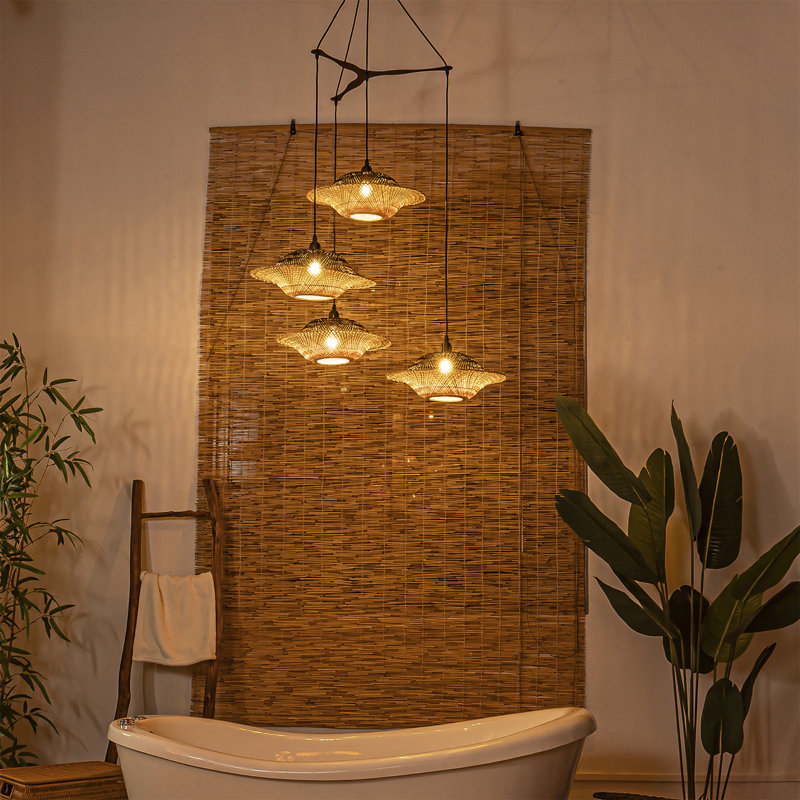 Cascade 4-Light Cluster Pendant Light Natural Rattan Shade Coastal Chic Chandelier In Matte Black