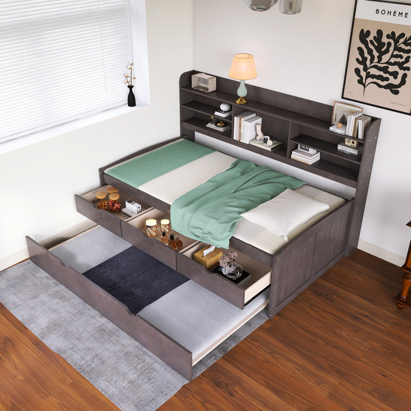 Wooden Daybed With Bookshelves, Storage Drawers And Trundle, Twin, Dark Gray