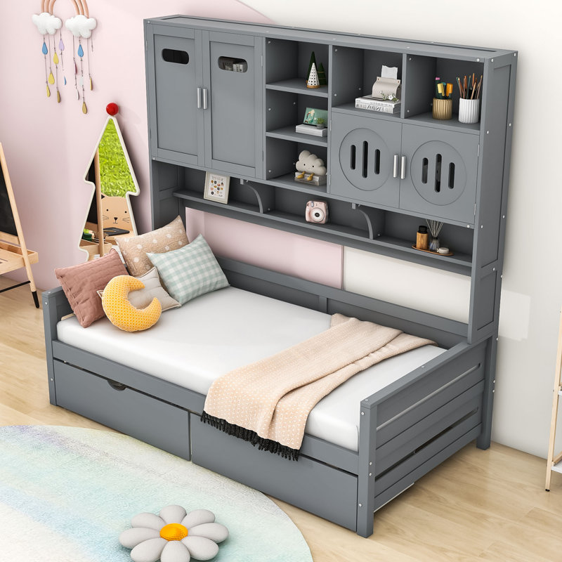 Lit de jour en bois avec tiroirs, armoires et tablettes de rangement intégrés, Simple, gris