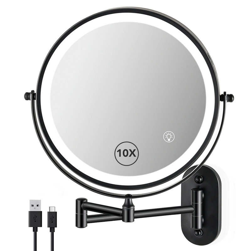 8.5" Metal Wall Mount Led Makeup Mirror, Rechargeable 1x/10x Magnifying Vanity Mirror, Black, Matte Black