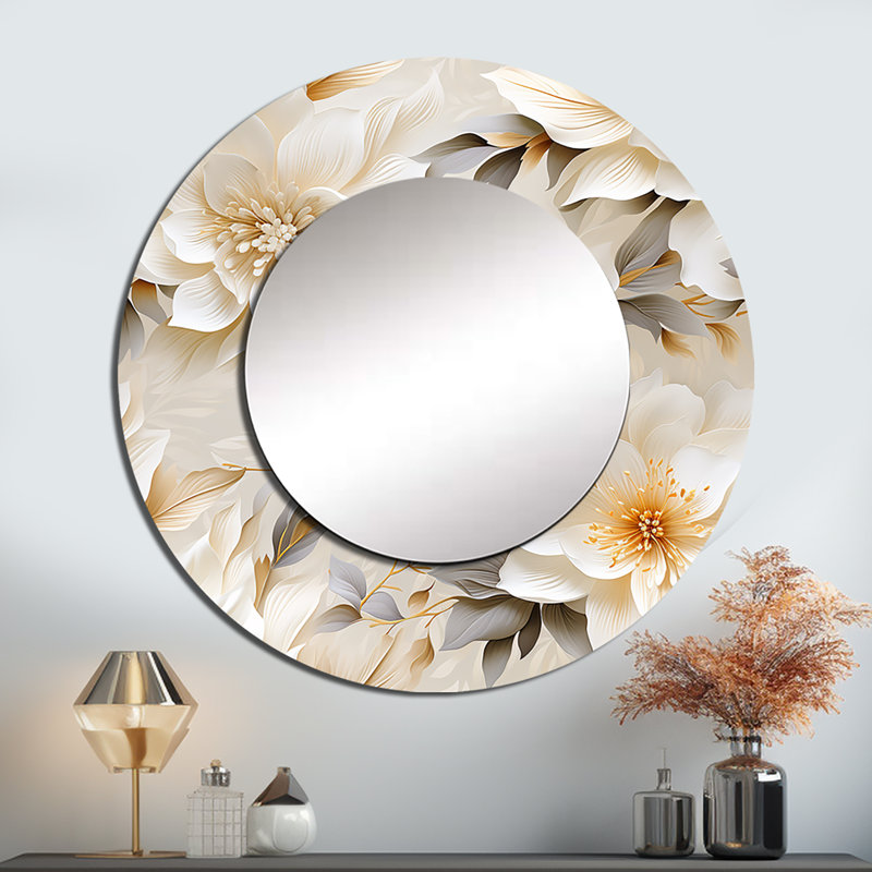 Motif bohémien blanc motif floral - miroir rond floral_MTMIR123770, 29 po x 29 po