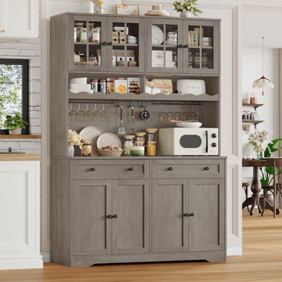 75.4"H Large Kitchen Pantry Cabinet with Charge Station, Food Pantry with Microwave Shelf & Wine Storage, Removable Goblet Holder by Winston Porter