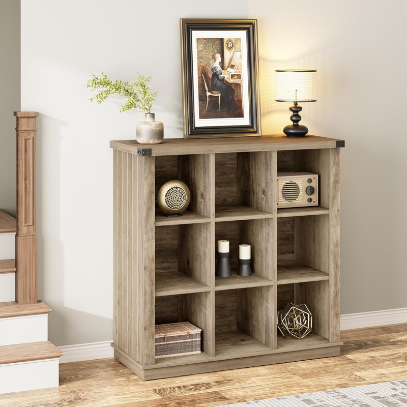 9-Cube Farmhouse Bookshelf, 3-Tier Wood Storage Organizer for Living Room, Bedroom, Home Office, Gray