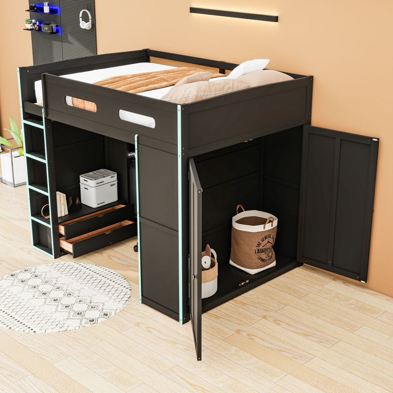 Full Size Gamer Loft Bed With Desk, RGB Lighting And USB,Drawers, Cloud Blue