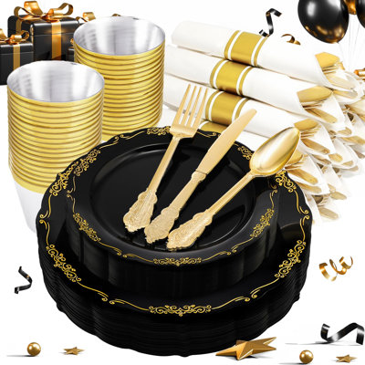 WELLIFE 175 Pcs Black and Gold Plastic Dinnerware Set - 25 Dinner & Dessert Plates, 25 Per Rolled Napkins with Cutlery, 25 Cups
