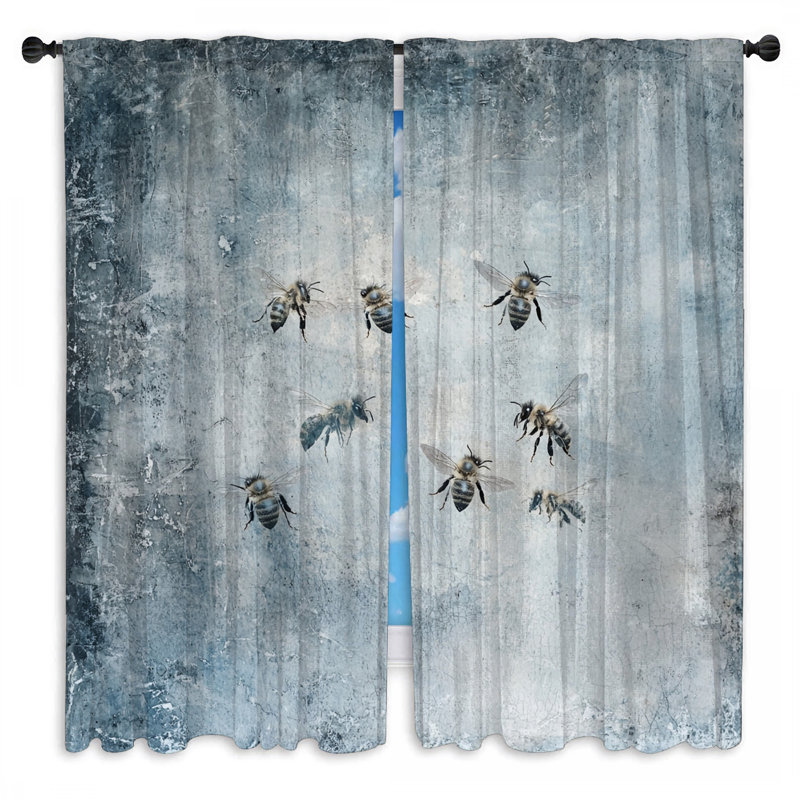 Abeilles volantes sur des rideaux de fenêtre bleus, insectes, obscurcissant et obscurcissant - 2 panneaux