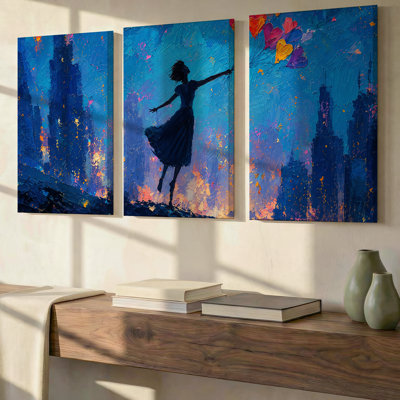 3 Pieces Exculisive Dancing Woman and Heart Balloons Large Wall Art Blue City Silhouette Panoramic, Canvas Decor for Living Room, Bedroom and Office