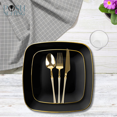 Posh Setting 840 Piece Pink And Gold Plastic Party Bundle - Classic Square (120 Settings)