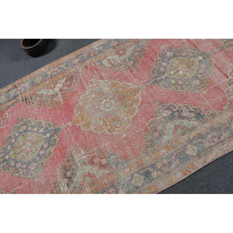 Tapis de couloir turc authentique authentique avec motif géométrique pastel doux rouge / vert
