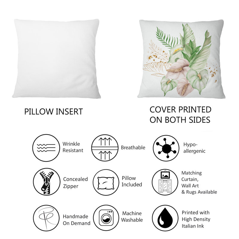 Bouquet tropical avec fleurs et feuilles d'or II - coussin décoratif imprimé tropical 12 po x 20 po