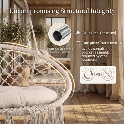 Chaise hamac avec balançoire en macramé, chaise hamac suspendue en corde de coton, chaise hamac avec coussins de siège moelleux, pour chambre à coucher, patio, cour arrière