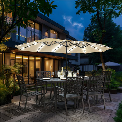  Harworth 13ft Rectangular Lighted Market Umbrella,Double-Sided Outdoor Rectangle Umbrellas with 36 Lights,Tan