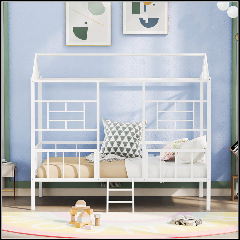 Durable Metal House Bed Frame with Slatted Support, No Box Spring Needed, for Stable and Comfortable Sleep, White