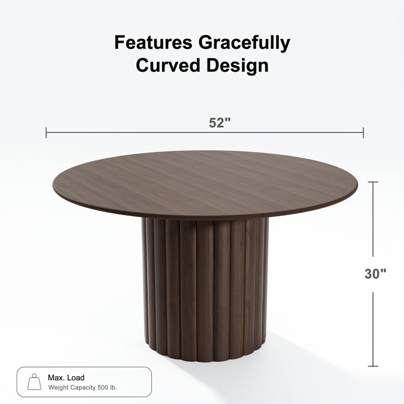 Solid Wood Dining Table Round Pedestal Kitchen Table, Walnut, 30”H x 52”L x 52”W