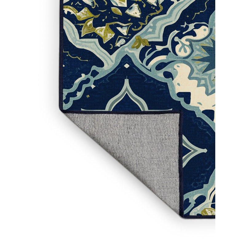 Machine Washable Abram Ceviche Global Inspired Moroccan Rug in Blue – Navy Binding, 8x12