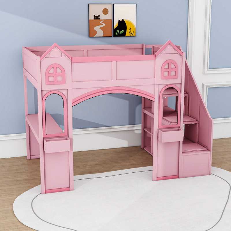 Lit mezzanine avec escalier de rangement, bureau, lumières DEL, fenêtres et tablettes, Rose/Rose pâle